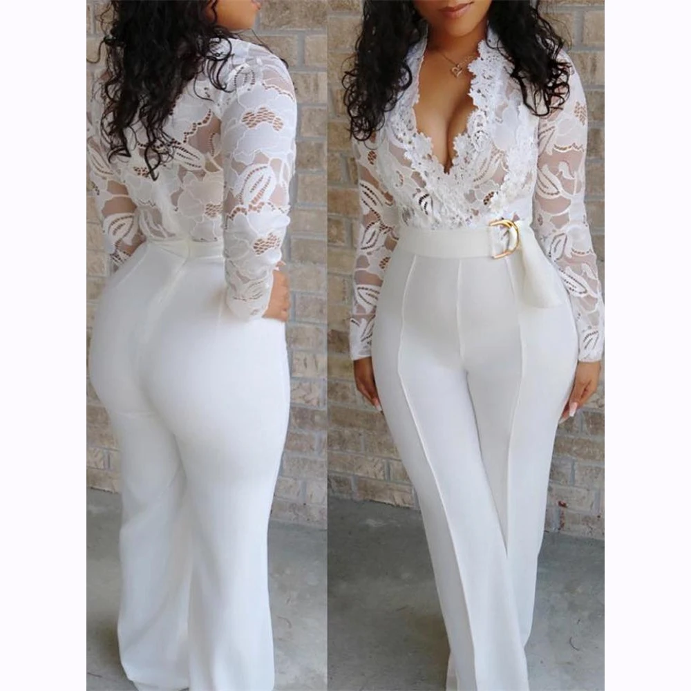 Elegant Lace Rompers Womens Summer Jumpsuit Solid Color Sexy Ladies Casual Long Trousers Overalls White Jumpsuit Office Lady