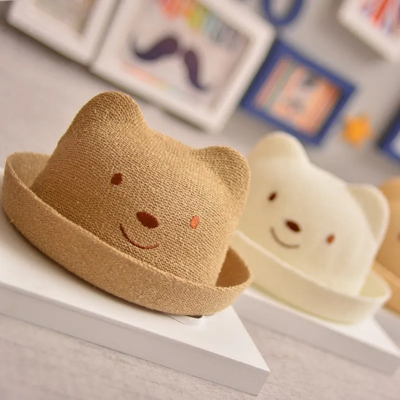 Summer Children Straw Sun Hats Cute Bear Ear Cap for Kid  Beach Sunshade Hat Boys Girls Hats