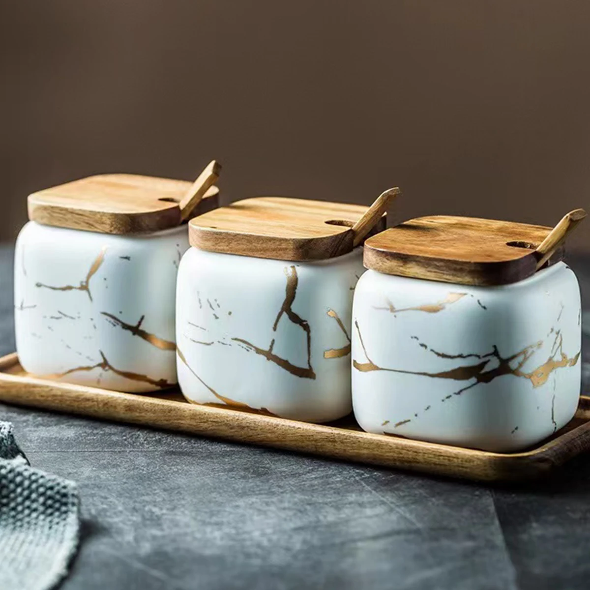 Custom nordic luxury marble ceramic kitchen salt sugar pepper seasoning jar spice jar set with wood lid and tray