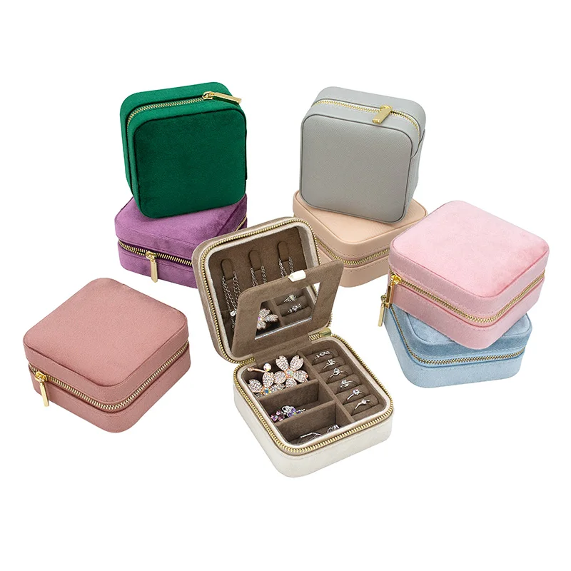 Dropshipping Girls Portable Travel Necklace Jewellery Boxes Mirror Velvet Jewelry Box