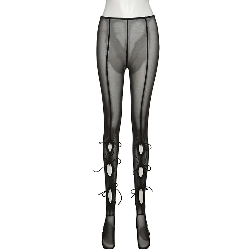 Womens Trousers Sexy Hole String Nightclub Pants See Through Mesh Pants