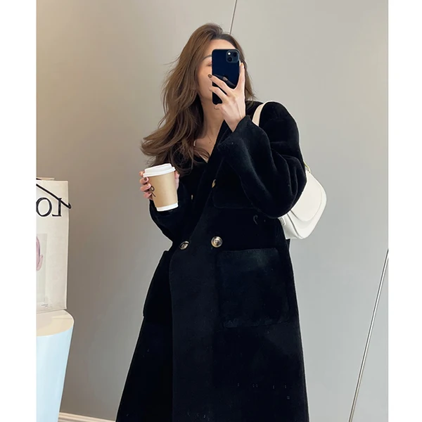 Manufacturer Women V Neck Coat Double Korean Fashion Fur Jacket Woolen Shearing Sheep Fur Loose Fit Winter Long Coat
