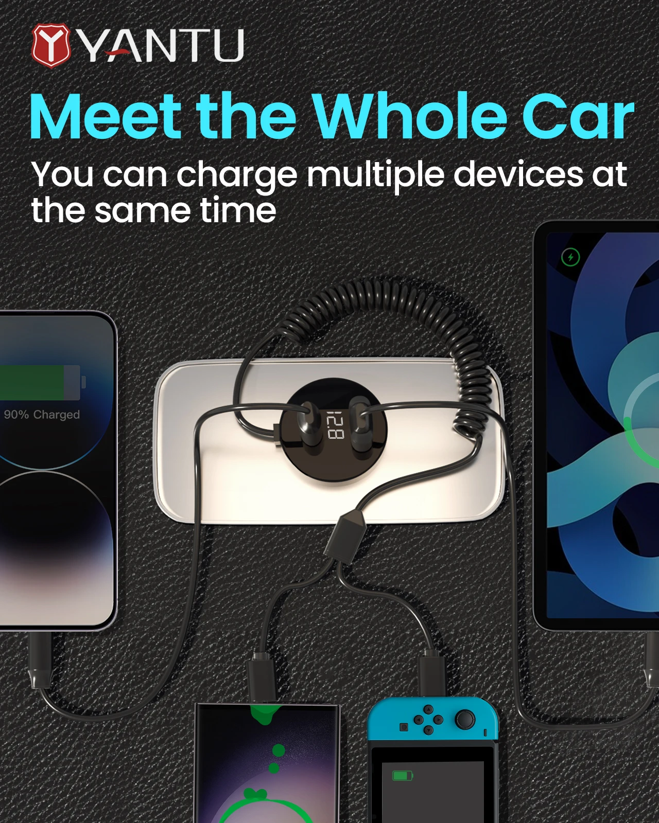 YANTU B33 78W 12V 24V PD QC 3.0 car charger adapter charging 2 in 1 super heater cigarette lighter plug 4 usb Auto Electronics