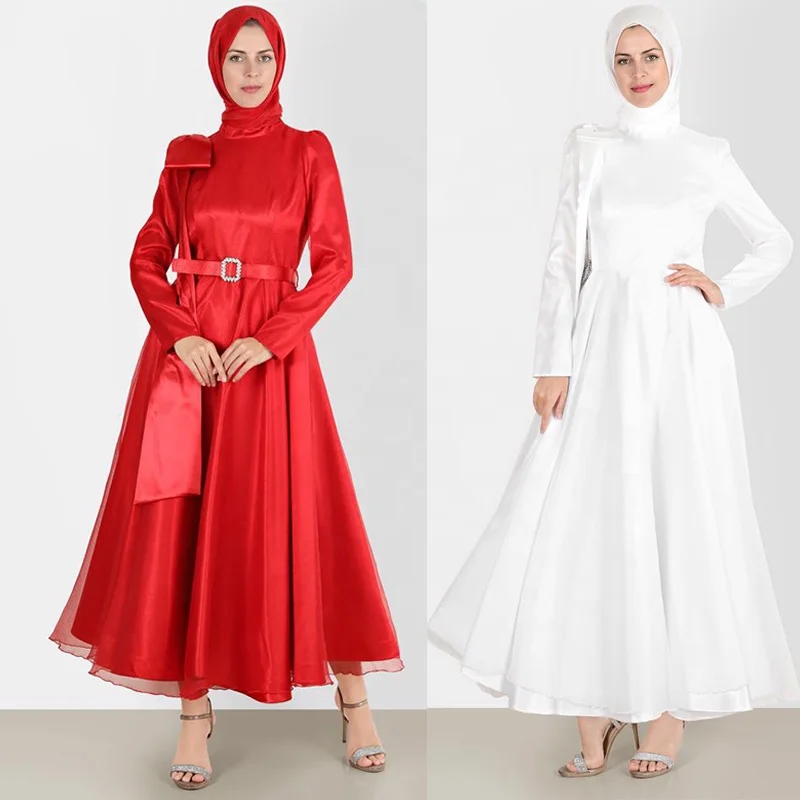 Factory custom navy blue bow-tie detall belted elegant satin long sleeves muslim modest evening dress