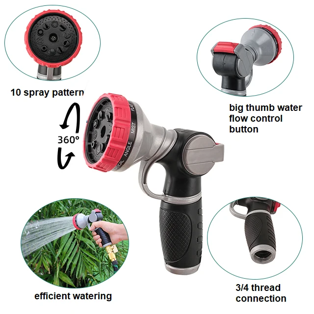 2024 New 10 Spray Patterns Garden Aluminum Water Gun Garden Hose Nozzle Sprayer With Portable Handle