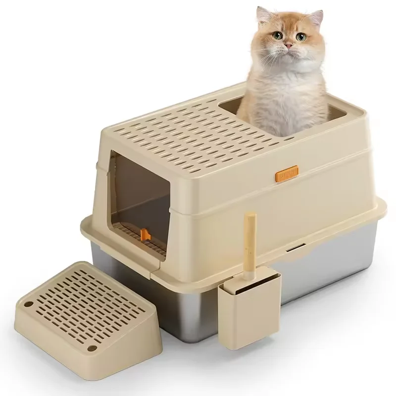 High Side Extra Handles Portable Large Luxury Stainless Steel Cat Litter Box Toilet
