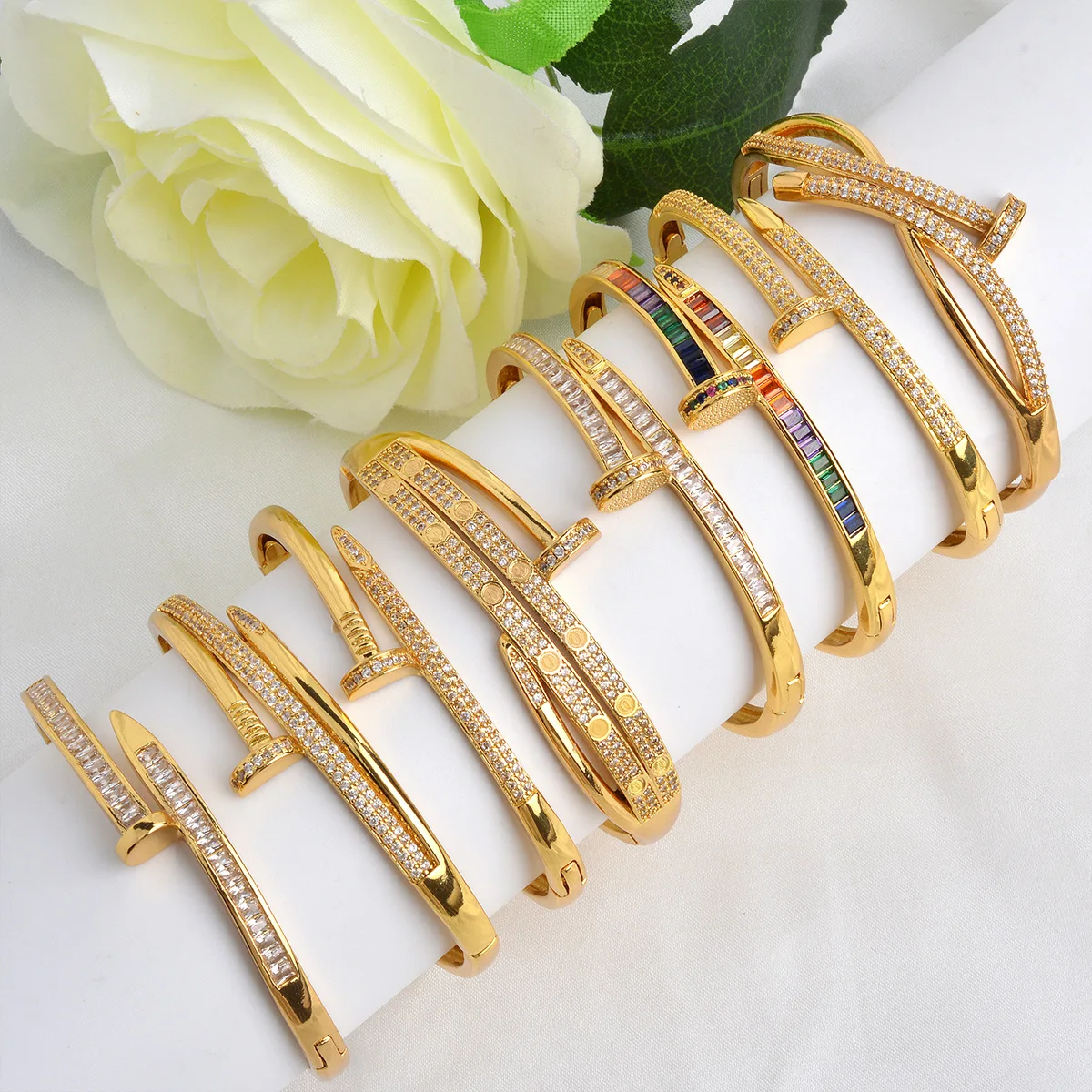Waterproof Tarnish Free Jewelry 18K gold plated Copper Couple Women Full Diamond Zircon Nail Bracelet set