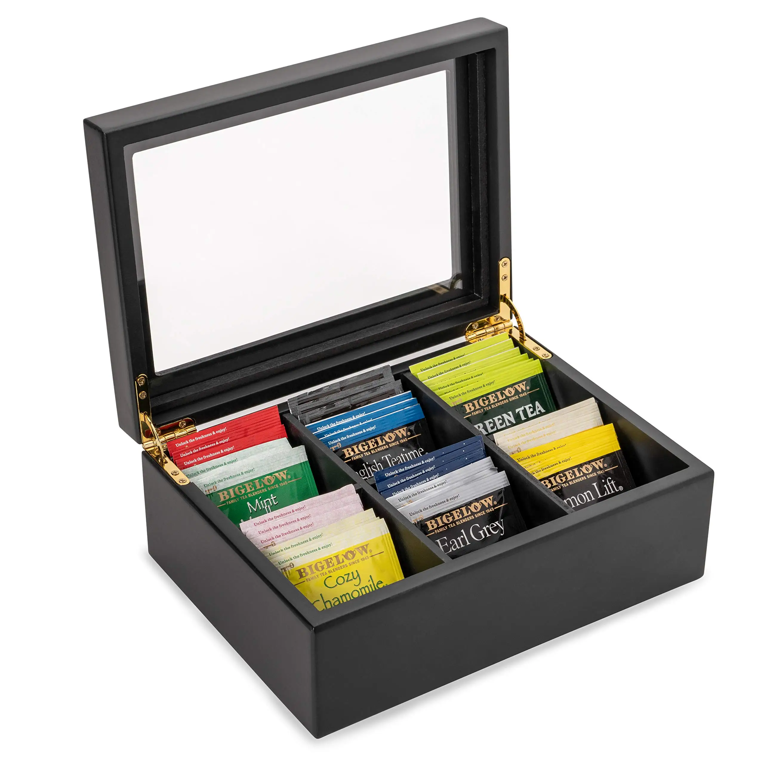 Luxury Clear Top Window Wood Tea Box Wooden Tea Storage Organizer With 6 Compartments For Tea Bags