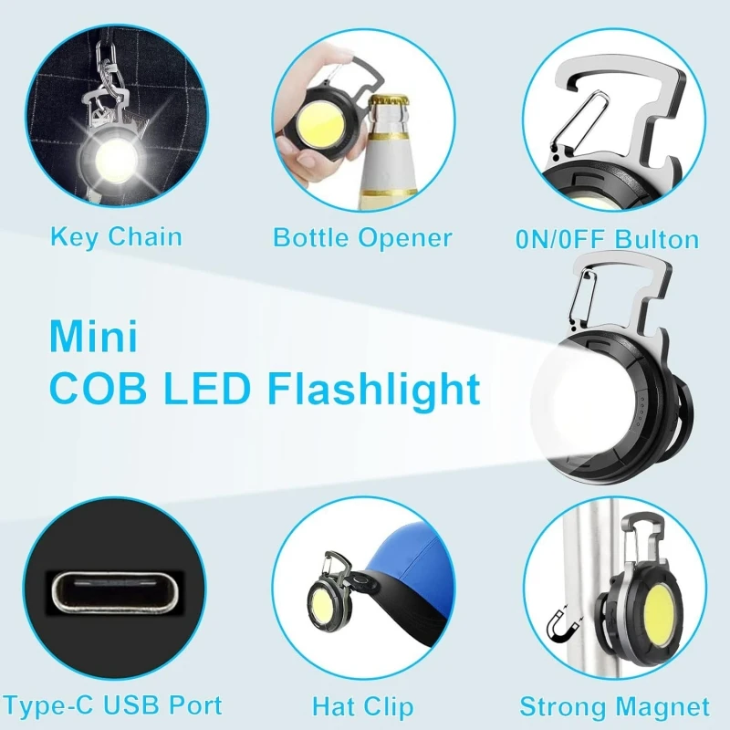 4 Modes Portable USB Rechargeable COB Torch White Red LED Mini Keychain Flashlight Magnet Camping Emergency Work Light