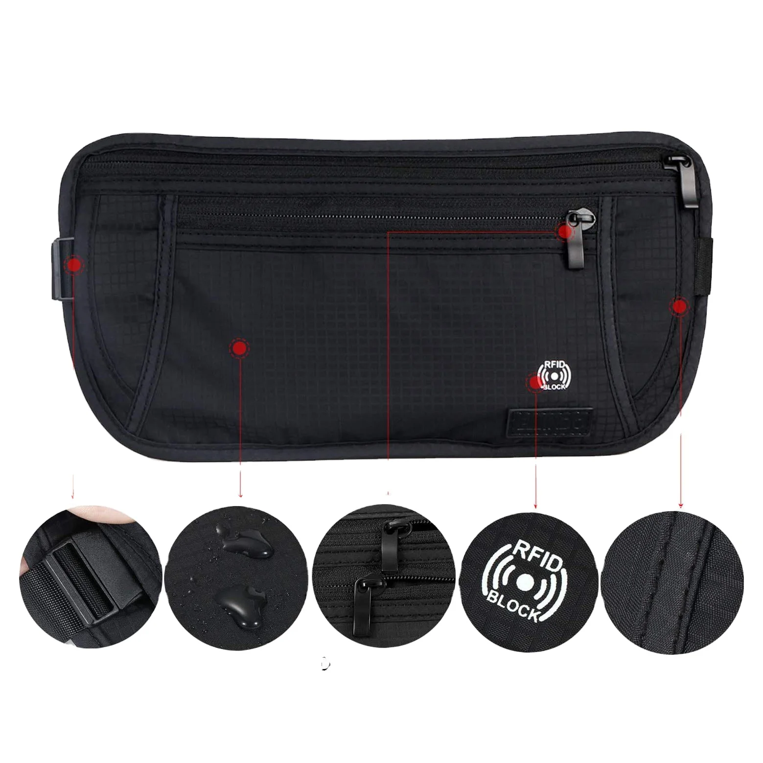 Wholesale Water Resistant Rip Stop Nylon Money Belt Travel Fanny Pouch Wallet Anti Theft RFID Blocking Waist Wallet for Running