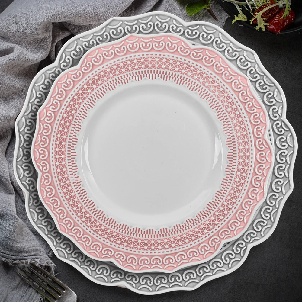 Vintage lace embossed  blue pink white ceramic coffee cup saucer underglaze porcelain cup French dessert plate