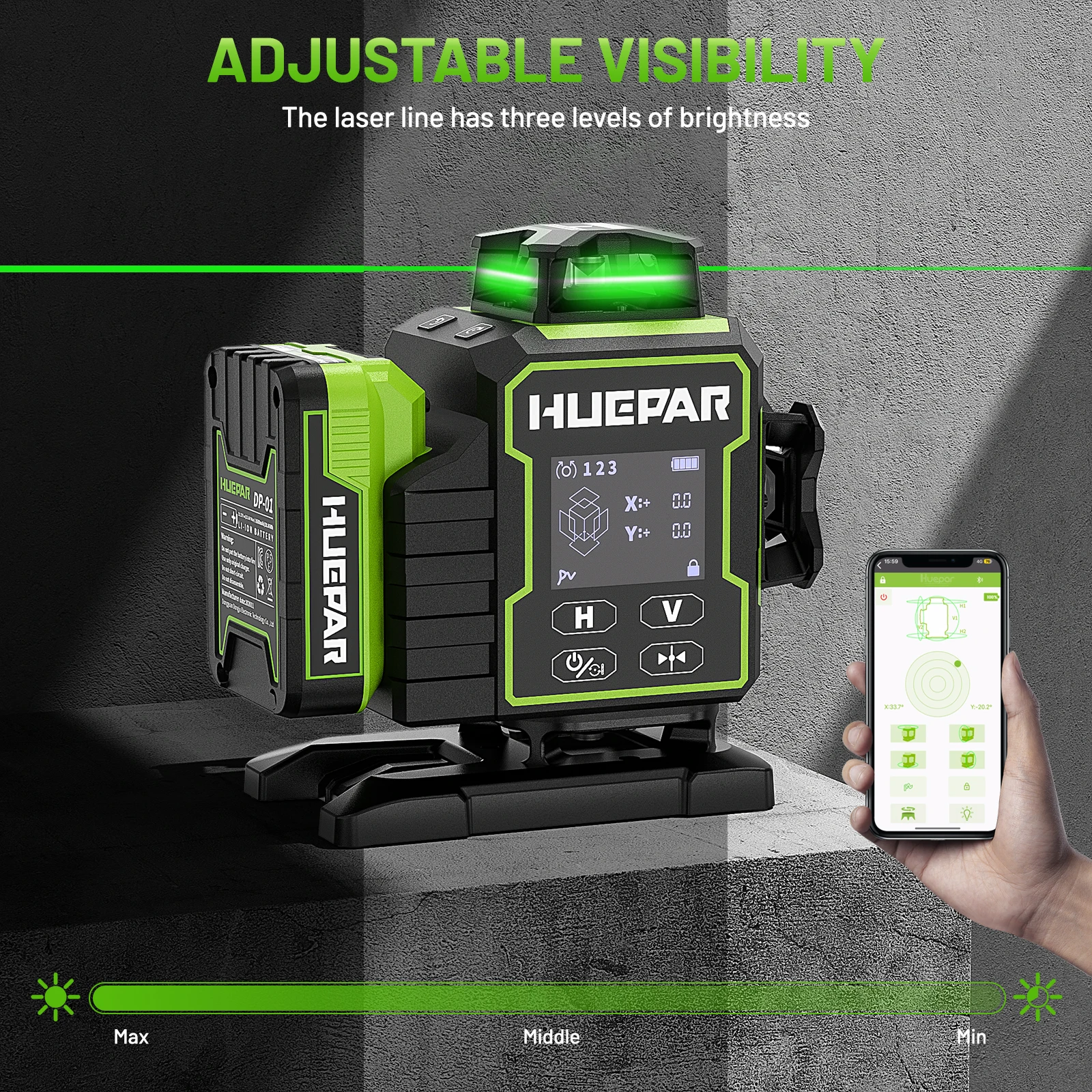 Huepar W04CG Laser Level Handheld 16 Lines 4D Cross Line Auto Level Surveying 360 Rotating Laser Paired With Tripod Stand