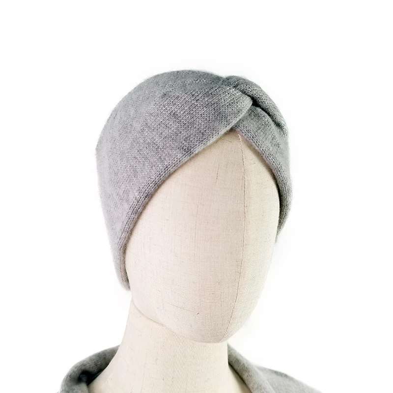 Set of Three Light Grey Pure Cashmere Headband Beanie and Triangular Scarf Pashmina Muffler