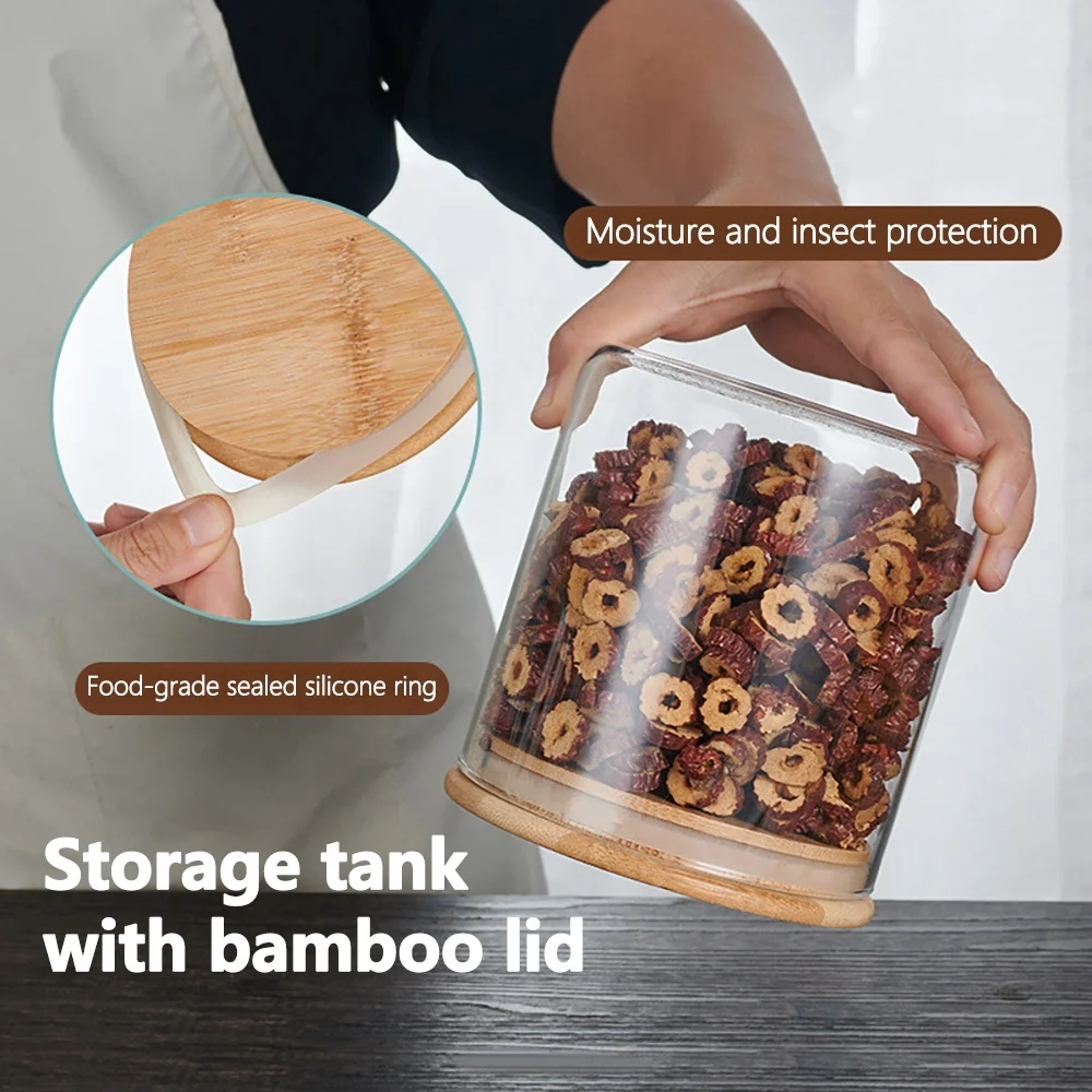Round Airtight Coffee Tea Spice Glass Jar Kitchen Organizer Storage Bottles Sealed Glass Food Storage Jars with Bamboo Lid