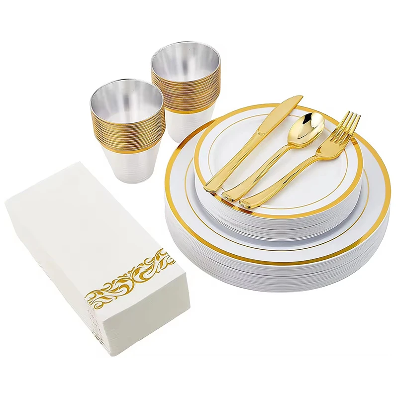 wedding party gold/silver/rose gold color custom plastic plates sets and tableware cutlery
