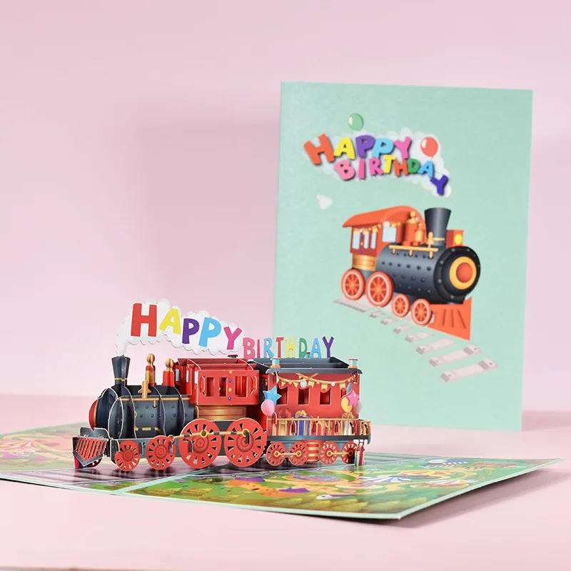 Birthday Train 3D Pop Up Greeting Cards,Happy Birthday Greeting Cards Postcards for Mom Wife Sister Boy Girl and Friends