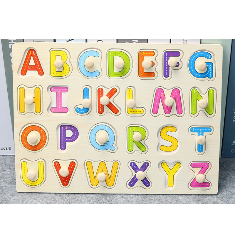 Montessori Educational Alphabet 3d Jigsaw Puzzle Wooden Alphabet Puzzle Matching Board Hand Grasp Custom Pegged Puzzle