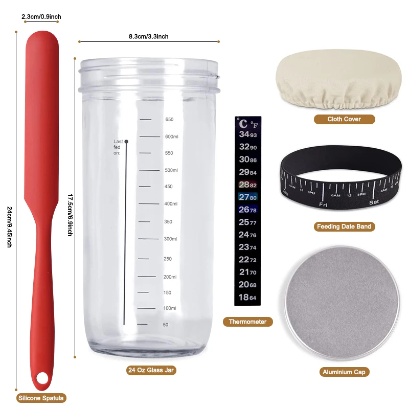 Reusable Sourdough Bread Baking Supplies Sourdough Starter Jar Kit Lid Set with Date Marked Feeding Band Thermometer Cloth Cover