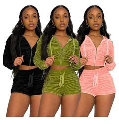 wholesale 2021 shorts and hoodie jogger outfit ladies folds jog suit custom velvet 2 piece jogger set for women