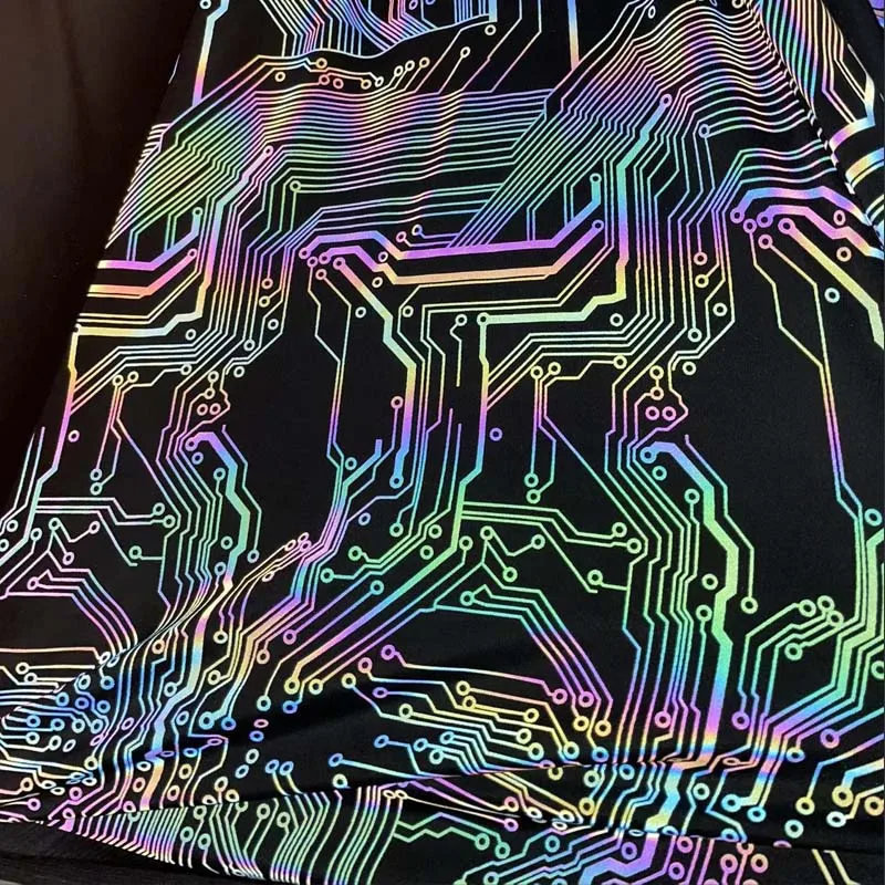 hi vis circuit board rainbow iridescent reflective printed pattern 4 ways stretchy polyester spandex breathable knitted fabric