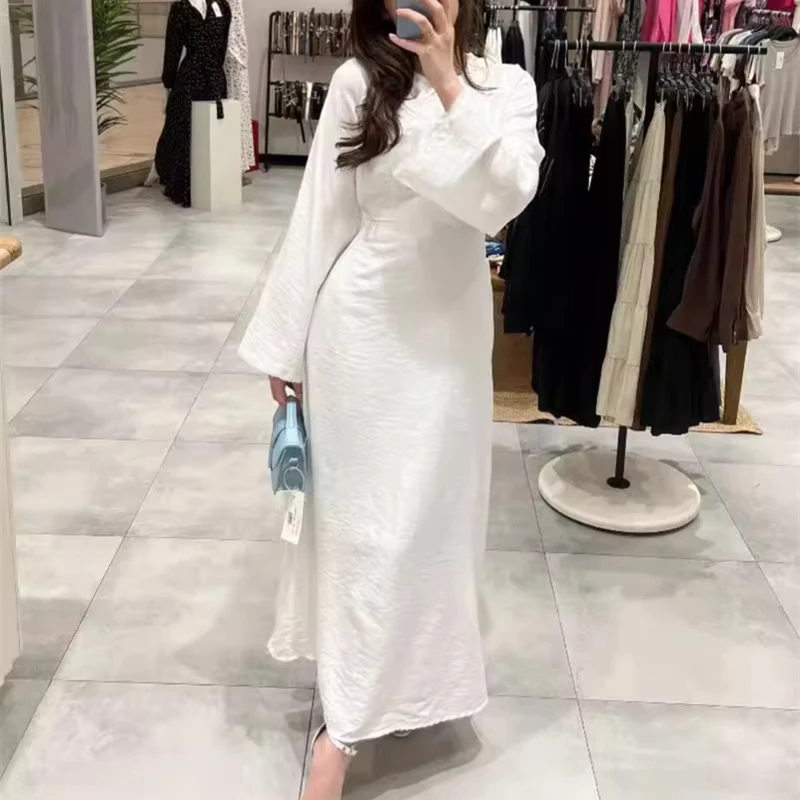 Modest Elegant Floor Length Tee Dress Ladies Slim Plain Long Sleeve Abaya Cotton Linen Maxi Muslim Dresses For Women