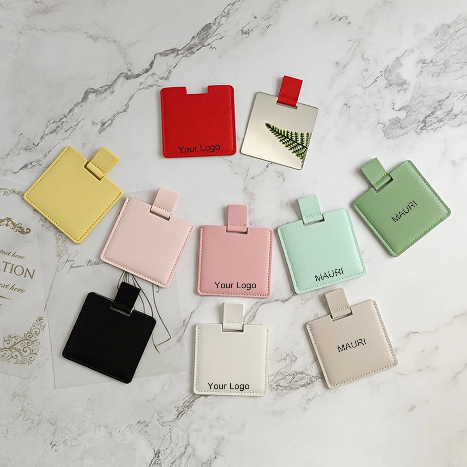 Mauri  Wholesale Pink Square Pu Pocket Mirror Embossed Travel Stainless Steel Metal Small Cosmetic Mirror with Pu Leather