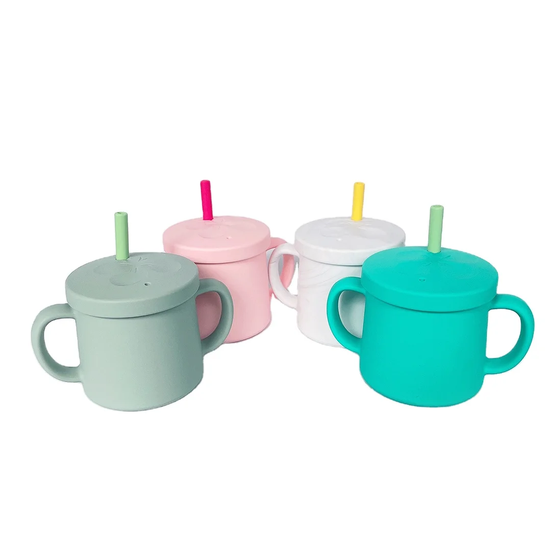 Custom Bpa-Free Double Handle Spill-Proof Silicone Baby Children Toddler Infant Training Cups With Straws for Baby Drinking