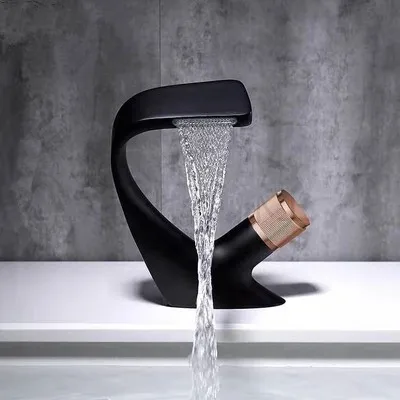 Modern Bathroom Mixer Tap Black/Gold Wash Basin Faucet Single Handle Hot and Cold Waterfall Faucet