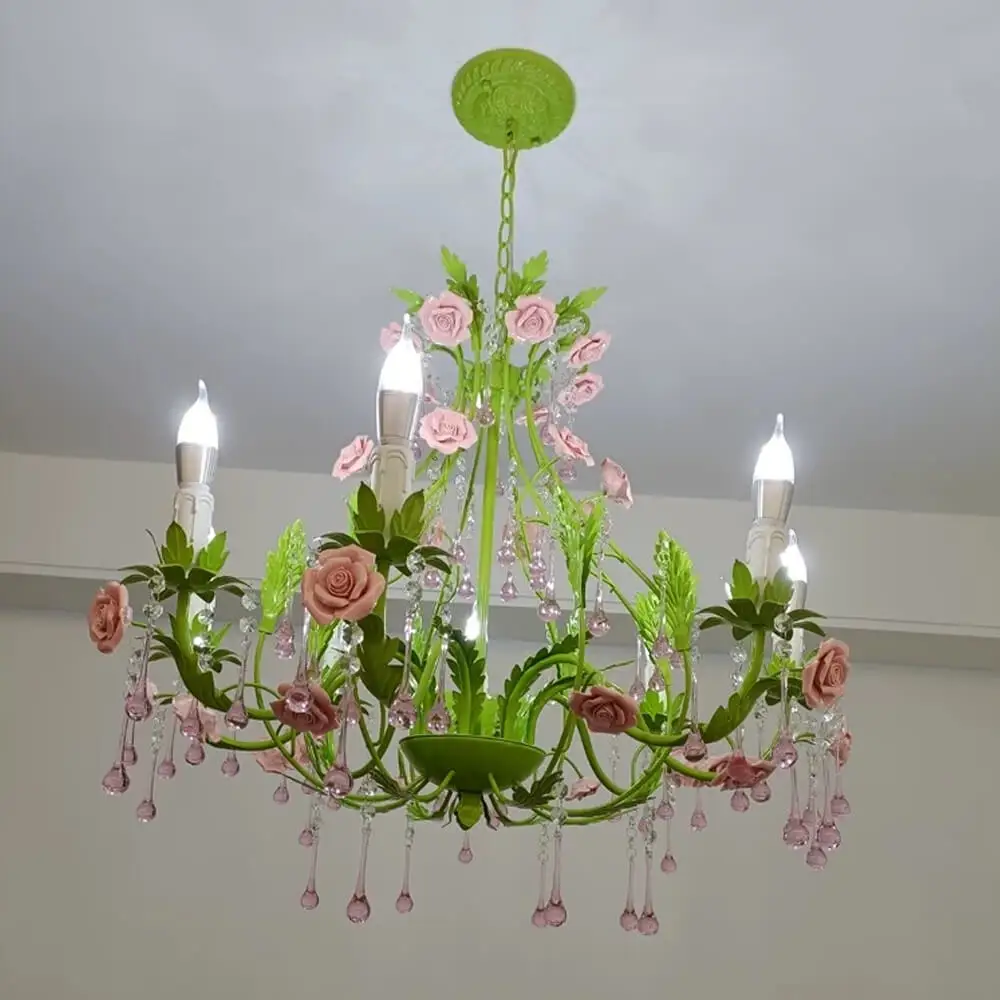 Custom Decorative Luxury Ceramic Rose Flowers Chandelier LED Pendant Light Indoor Hotel Modern Crystal Chandelier