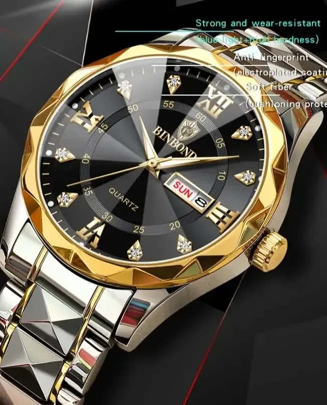BINBOND 2521 Hot Sale Fashion Hot Sale Mens Watch  Luminous Calendar Quartz Wristwatch Men Stainless Steel Watch