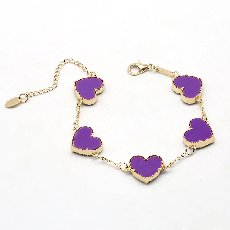 Stock gold plated double sided love heart shape bracelet jewelry adjustable acrylic leaf clover bracelet for women