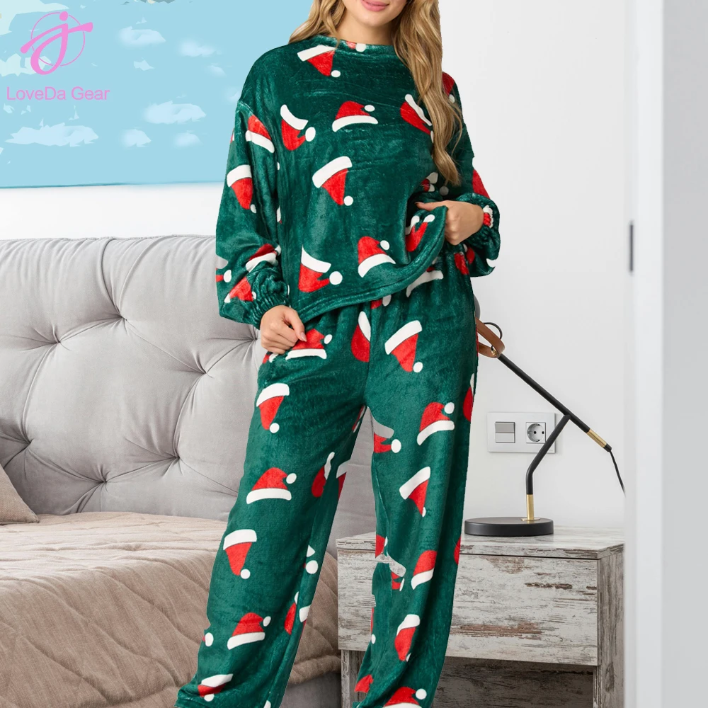 Custom Print Women Winter Flannel Pajamas Set Lounge Long Sleeve Sleepwear Sets Christmas Pajamas Set