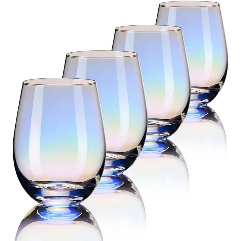 Wholesale 4 Pcs 18oz Handleless Reusable Thick Base Rainbow Drink Wine Glassware Cup Gift Set for Birthday Wedding Christmas