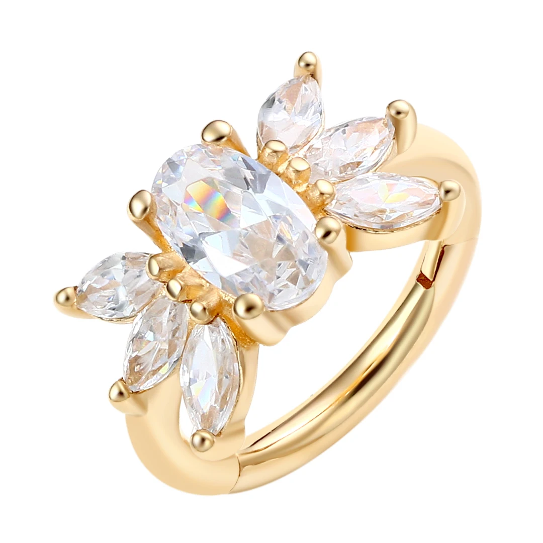 Eternal Metal Real 14K Solid Gold Flora Oval CZ  Hinged Segment Hoop Ring Septum & Cartilage piercing jewelry