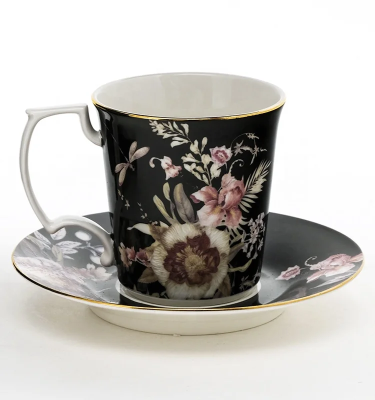European style graceful ceramic coffee tea cup and saucer floral