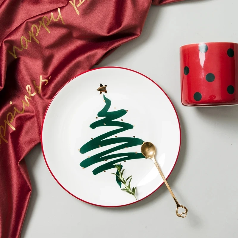 Merry Christmas Tree  Ceramic Dinner Plate Plate Set Mug Dessert Cake Fruit Dinner Plate Decoration Dinnerware Set