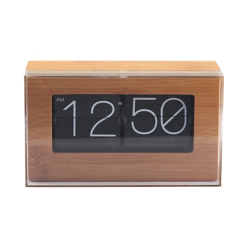 
2020 Auto Square Plastic Cover Anti-Dust Metal Stainless Steel Home Decor Flip Down Digital Bamboo Wooden Wood Table Desk Clock 