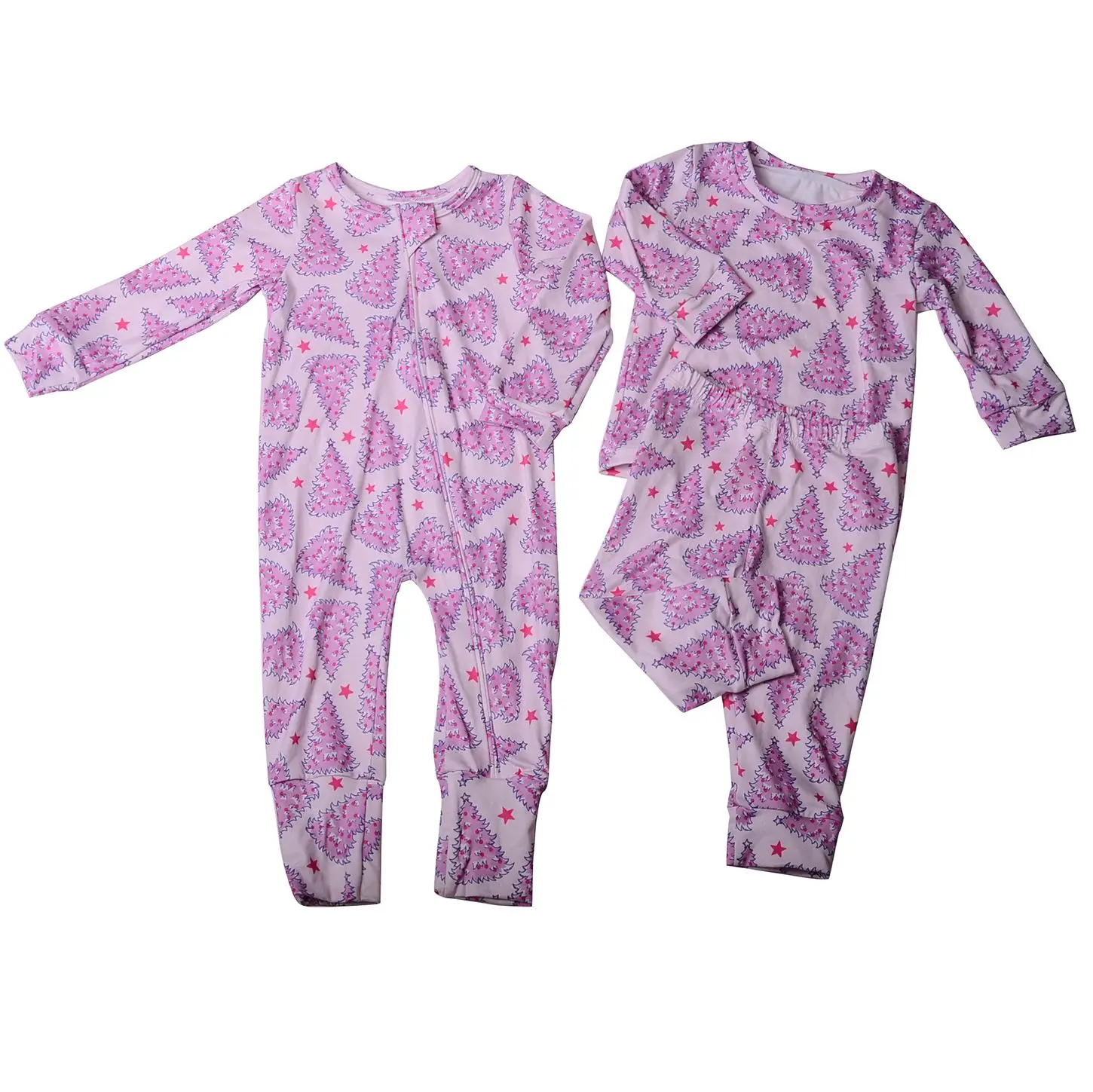 230g cotton/bamboo Custom Christmas Printed Girls Jumpsuit Long Folding feet Romper Babies Zip-Up Pajamas