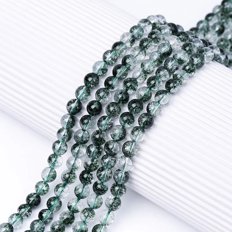 Processed Green Phantom Quartz Loose Beads DIY Handmade Gemstone Round Beads Jewelry Accessory Green Round Stone Beads Strands
