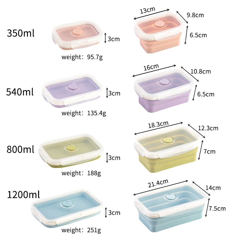 Kitchen Oven Safe Transparent Airtight Silicone Food Container Jelly Color Silicone Folding Bento Lunch Box