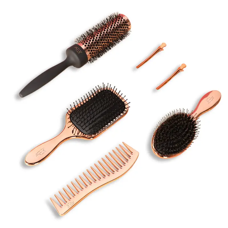 Wholesale Rose Gold 5 In 1 Hair Extension Brush With Clip And Comb Set Detangling Hair Brush Kit