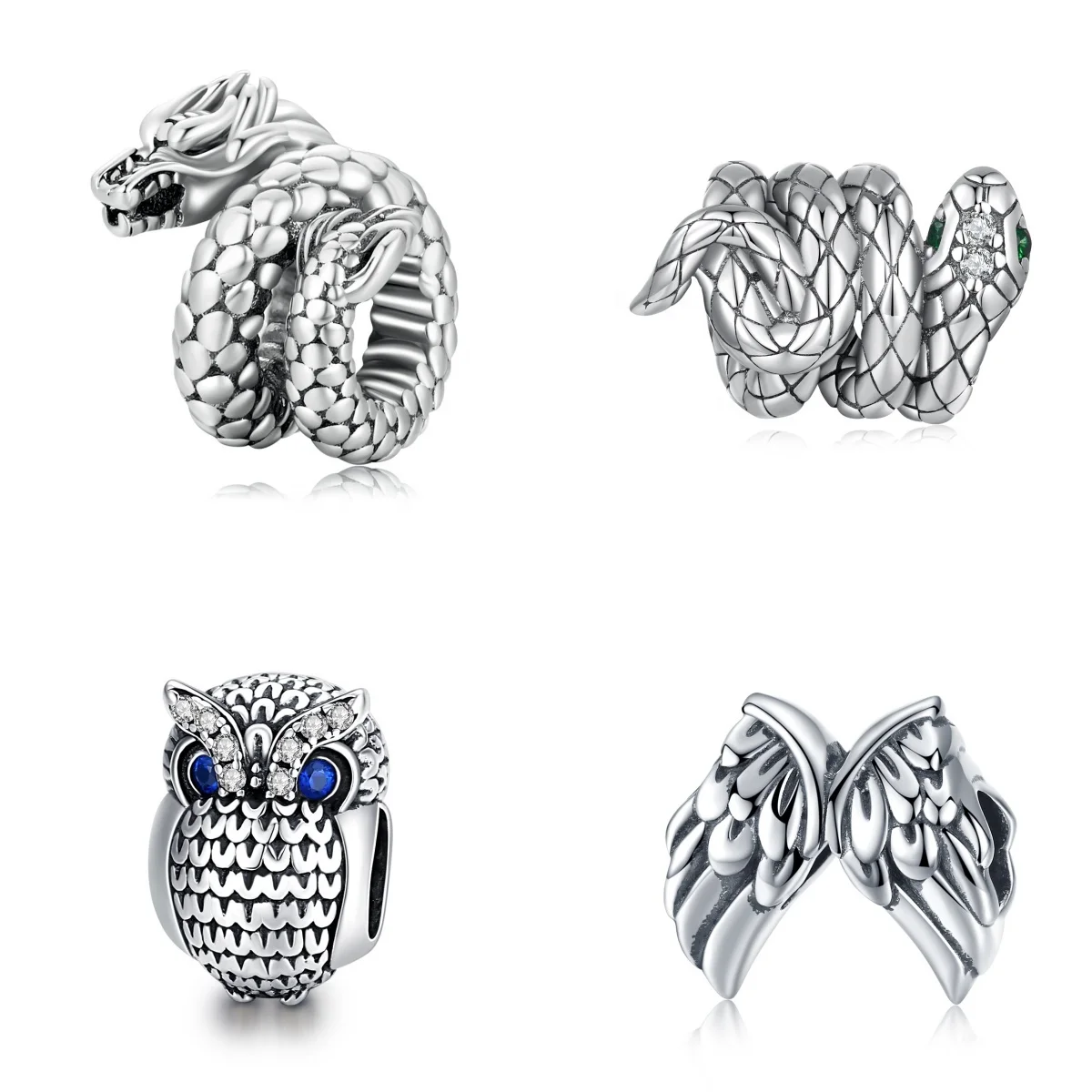 Fashion Silver Jewelry Pendant&Charm For Bracelet Jewelry Making Zirconia Pelycosaur Guardian Wings Owl Coiled Snake Beads Charm