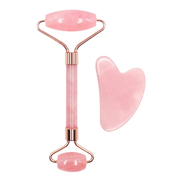 Custom Logo Jade Roller and Gua Sha Set Natural Green Pink White Black Blue Jade Roller Guasha set Rose Quartz Steel Facial Tool