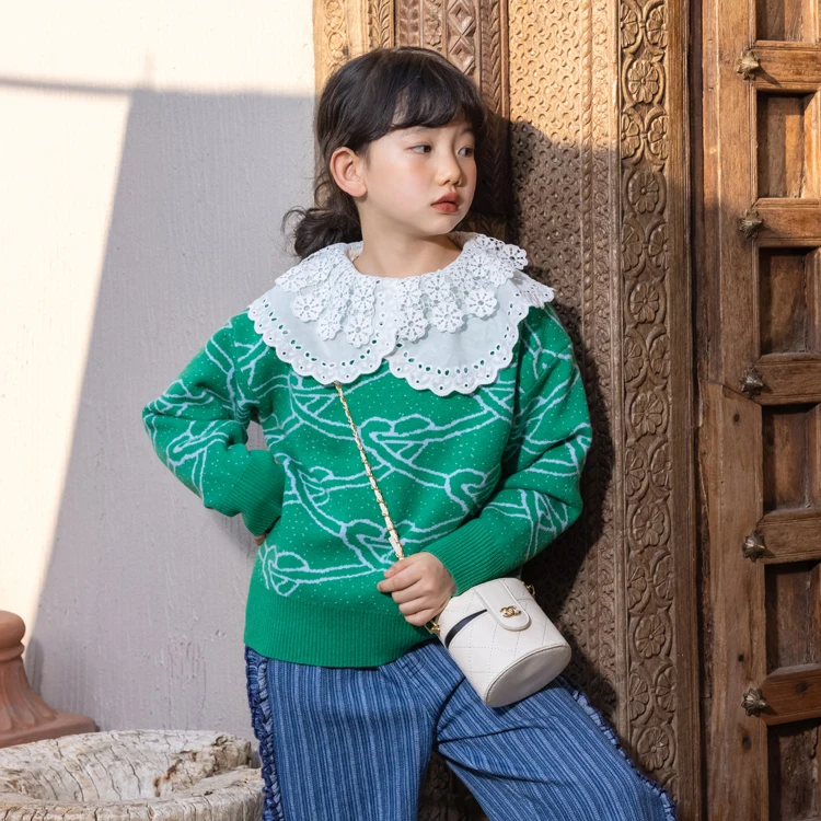 Custom Logo Kids Girls Shirts Vintage Sweater Wholesale Children White Shirt for School Girls Clothing Set