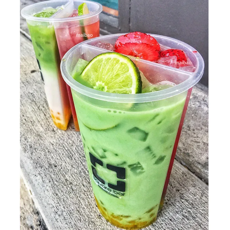 Custom Logo Boba Tea Cups Plastic Twins Share Disposable Split Plastic Cups 16 oz 700ml Fresh Juice Split PP Cup With Two Flavor