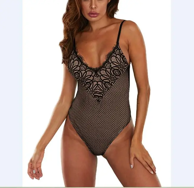 2019 OEM black lace bodysuit sexy sleepwear deep v erotic underwear lingerie sexy photo bra