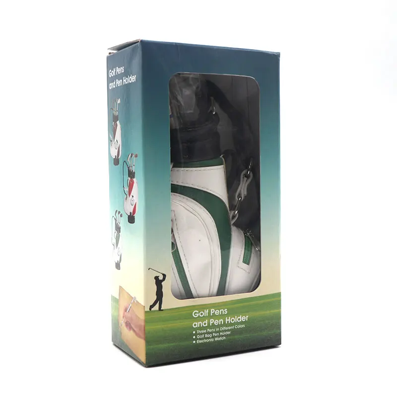 Golf Gift Set Desktop Golf Bag Pens Holder with Clock and 3 Pens