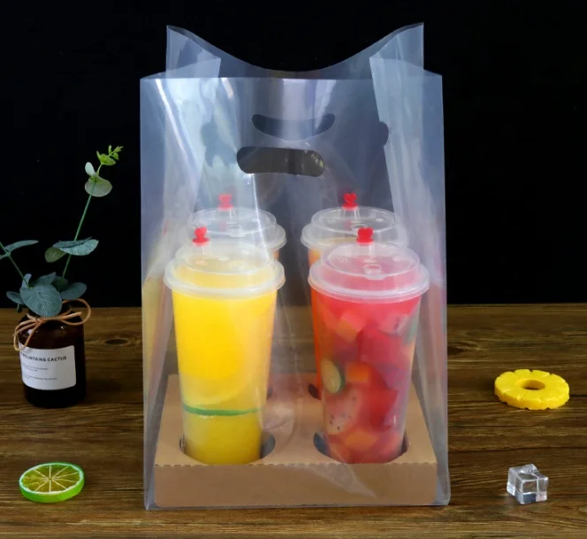 Custom hand-held plastic packing bag for four or two bubble tea cups