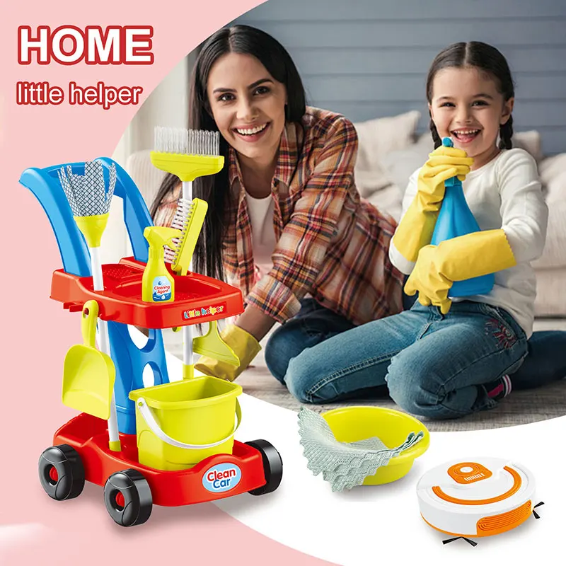 Detachable Housekeeping Cart 11 Pcs House Cleaning Tools Toys Pretend Play Broom and Mop Set Kids Cleaning Sets