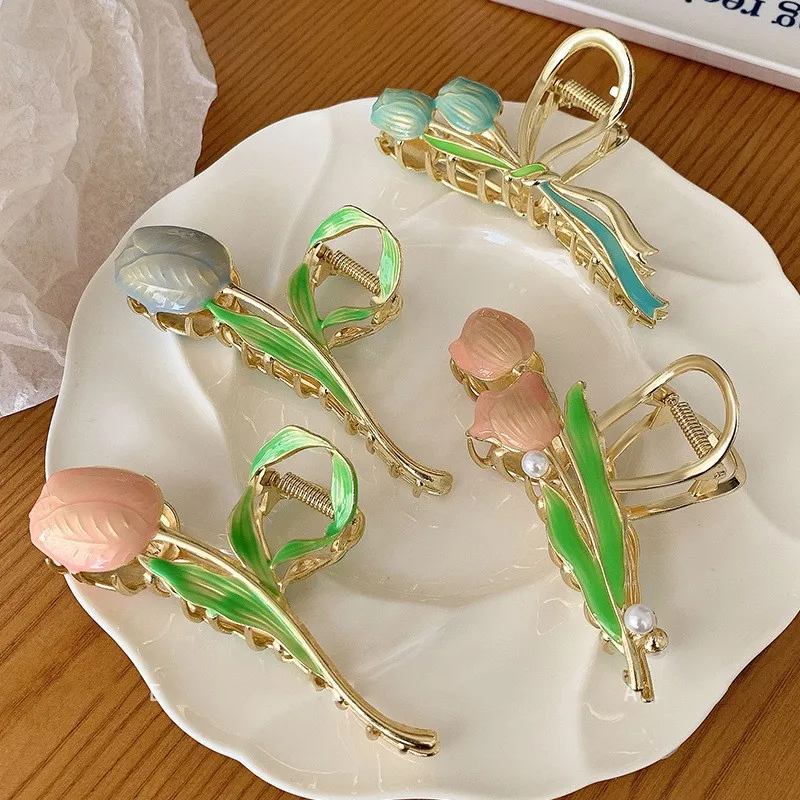 New design flower shape hair decoration shark back head hair ponytail clip metal elegant gardenia rose tulips women hair claw